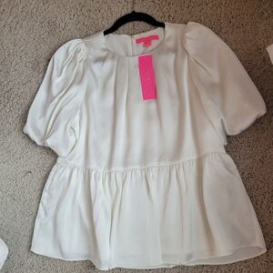 Lilly Pulitzer Ivory Cream Satin Blakelynn Elbow Puff Sleeve Top Blouse Sz 6 NWT